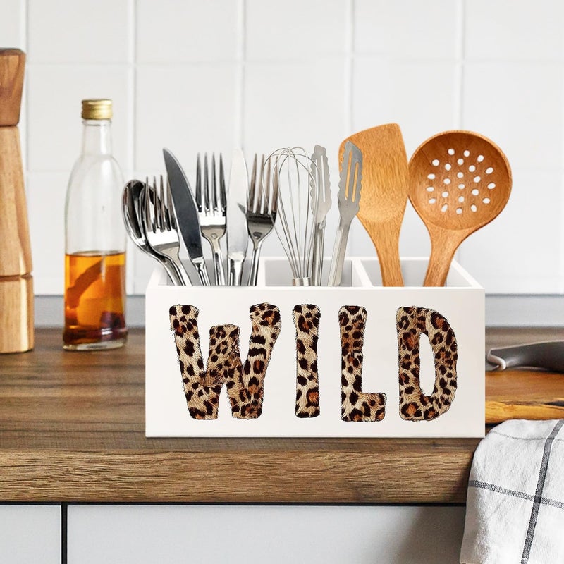 KBRCT Leopard Print WILD Western Wooden Utensils Holder, Rustic Farmhouse Cheetah Animal Print Wood Cooking Utensil Holder Organizer for Kitchen Countertop Counter Decor Accessories - Image 5